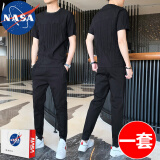NASA RHUDE夏天套装男装潮流男士休闲套装短袖t恤男套装男夏季衣服男夏装 8609黑色(短袖+长裤) XL (建议体重130-140斤)