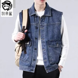 狄帝鲨 牛仔马甲男外套春秋季大码马夹休闲港风潮流ins背心青年无袖坎肩 一木森-Y882-蓝色 2XL 【155-175斤左右】