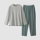 蕉内（Bananain）棉棉305H男女士睡衣睡裤纯棉情侣家居服套装春夏季长袖长裤不闷汗 【男士】松绿条纹 2XL