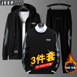 JEEP SPIRIT吉普卫衣男长袖T恤男士运动套装外套休闲裤秋冬季服三件套上衣 YJGF-TZ38黑灰色（加绒款） 2XL （130斤-150斤）