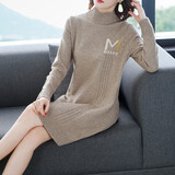 记述新款女装中长款宽松半高领加厚保暖毛衣女宽松慵懒风撞色针织上衣 1301驼色 常规 L #(建议95-115斤)