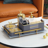 瓷梵客 现代轻奢茶几纸巾盒托盘套装遥控器手机收纳盒多功能抽纸盒家用客厅装饰品摆件 灰色（纸巾盒+烟灰缸+糖果罐+牙签罐+托盘）