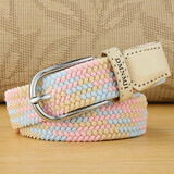 畅印 腰带女士弹力编织松紧裤带男女韩版百搭休闲针扣学生细皮带 2银色扣--粉色卡其蓝条纹 100cm