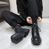 跨足行男靴春秋季透气高帮牛皮马丁靴男士英伦风中帮工装黑色皮鞋子 黑色6孔中帮拉链款【四季款】 41 标准运动鞋码