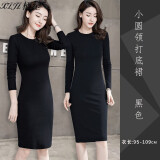 栖纪 黑色长袖打底连衣裙女春秋中长款修身裙2025秋冬季中长裙 小圆领-黑色 L  (95-105斤)