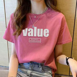 珞妮短袖t恤女2025夏季新款女装圆领体恤韩版宽松显瘦休闲半袖上衣女 玫粉色-英文 XL 建议120-135斤