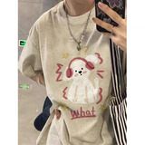 索菲堡 纯棉白灰色甜酷风音乐小狗印花T恤女百搭宽松时尚insT恤衫潮 白灰色 2XL