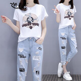 妍莉芬连衣裙女装套装2024年夏装新款韩版牛仔休闲时尚短袖印花衣服夏天 白T+浅色 S