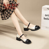 奥古狮登（Agsdon）玛丽珍鞋女新款粗跟百搭一字扣小皮鞋女配裙子浅口单鞋 米黑 39