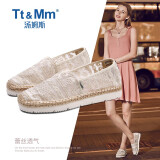汤姆斯女士刺绣蕾丝鞋韩国平底复古圆头白色网面乐福鞋 米白色 38