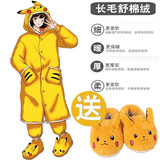 束时·创漫动漫卡通连体睡衣袍男女情侣秋冬加绒加厚珊瑚绒动物家居服套 皮卡丘睡袍套装（睡袍，睡裤)+棉鞋 6XL (180-188cm,适99-125kg)