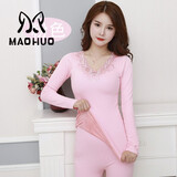 猫惑修身恒温无痕保暖内衣女士美体v领蕾丝薄款加绒加厚打底秋衣秋裤 粉色保暖【加绒上衣+加绒裤子】 均码 【适合80-135斤】