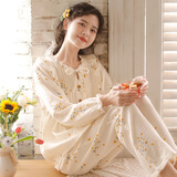 眠岛2024年秋季新款睡衣女纯棉纱布春秋全棉家居服大码夏季家居服 风车菊香草白 L (158-168cm 130斤左右)