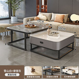 轻奢茶几客厅家用现代简约小户型网红方形玻璃岩板茶几电视柜组合 2黑架灰抽丨60亮光雪山白+70亮光 加厚9mm亮光岩板茶几丨货入户