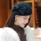 香雪羽秀日本帽子女春秋冬季百搭羊毛贝雷帽圆顶小礼帽英伦复古毛呢毡帽 石墨蓝