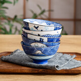 陶趣居 日本进口卡通日式碗家用陶瓷碗可爱招财猫米饭碗高脚碗汤碗餐具 和韵风 4.9英寸 五件套（礼盒）