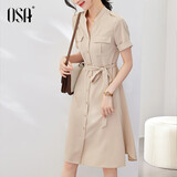 欧莎（OSA）气质职业连衣裙子女夏季新款中长款收腰显瘦正装衬衫裙子 奶茶色 XL