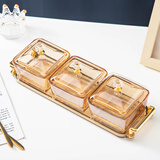 峥野轻奢玻璃水果盘零食盘分格带盖家用客厅小吃盘糖果坚果干果瓜子碟 琥珀色三格干果盘