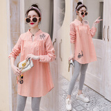孕妇装春秋装2021新款孕妇连衣裙纯棉衬衫长袖上衣t恤套装 867粉色长袖【单件上衣】 XL【适合约130-145斤】