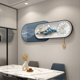 一面墙餐厅装饰画时钟现代简约歺厅墙面挂画带钟表轻奢背景墙壁画免打孔 麋鹿迎福-D 占墙尺寸【120*40cm】