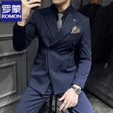 罗蒙（ROMON）西服套装男双排扣戗驳领商务休闲西装大码正装结婚新郎修身英伦风 藏青色 两件套 送领带胸巾R173 2XL  (135-145斤内)