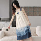 迪莉雅 睡裙女夏季短袖纯棉薄款休闲宽松圆领睡衣连衣裙夏天家居服吊带 8246 2XL （建议140-160斤）