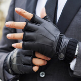 罗欧蒂斯NOOLDERS男士秋冬季双层加厚保暖摩托车骑行驾驶开车半指真皮手套 黑  色(针织羊毛内里) L码