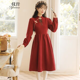 仪纤文艺复古国风盘扣立领少女连衣裙小个子2024秋冬新款长袖裙子学生 红色 S