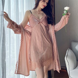 KJ睡衣女长袖金丝绒家居服蕾丝性感带胸垫吊带睡裙睡袍两件套家居服 豆粉色 996 L (100-115斤）
