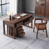 徕雅森新中式实木书桌台式电脑桌胡桃木写字台书房组合卧室家用书法桌椅 【进口胡桃】 1.2米书桌+围椅胡桃实木