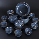 陶夭窑变茶具茶杯套装家用功夫整套哥窑泡茶壶办公室会客客厅陶瓷盖碗 14头窑变茶具安全装