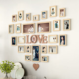 纪恒暄 心形实木照片墙挂墙组合装饰画框婚纱照个性欧式木质像框相片框 24框原木色+定制