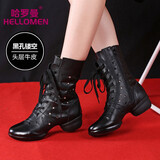 哈罗曼（hellomen）全皮广场舞鞋女加绒女式跳舞鞋软底增高现代舞鞋高帮水兵舞蹈靴女 G8125黑色镂空 37