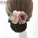 阿表妹 职业头花发网网兜发夹盘发网蝴蝶结发套发卡护士医院物业银行 雪纱双花韩粉色【粗网】