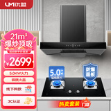 优盟（UM）顶吸烟机UT266爆炒大吸力家用欧式油烟机 挥手体感自动清洗 (ZMD)（门店自装） UT201深腔顶吸+玻璃铜盖双灶  液化气 全国联保