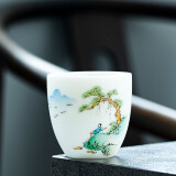 钰铨龙门 山水茶杯 德化羊脂玉瓷手绘主人杯功夫茶具白瓷喝茶杯单杯套组 手绘山水迎福杯-4号（约100ml)