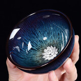 陶福气镶银窑变天目釉茶杯 兔毫盏主人杯单杯十二生肖茶盏银杯品茗茶杯 镶银建盏拉丝斗笠杯-莲花