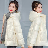 瑶珊棉服女2024新款冬季女装短款免洗亮面棉衣连帽韩版宽松小棉袄外套 520/米白色 L建议105-120斤