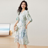 尚都比拉[100%桑蚕丝]夏季短袖真丝连衣裙女V领高级感气质印花裙