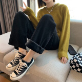 咪小主 加绒加厚雪尼尔秋冬高腰阔腿裤女宽松显瘦韩版学生直筒裤拖地裤 春秋（不加绒）-黑色（无口袋） M 【95-110斤】