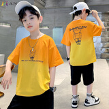 AN儿童装男童短袖t恤夏装2025年新款中大童夏款帅气男孩夏季上衣潮t 桔色 160 建议10-12岁(身高150-160cm)