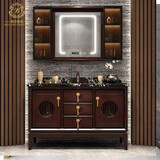 拜伦皇廷 新中式橡木浴室柜组合智能镜岩板洗手池洗脸盆洗漱台卫浴柜定制 奢华玻璃门款【灯光+除雾+时间】 100CM两门三抽