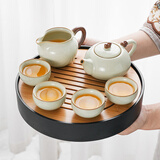 琦轩源黄汝窑手抓壶功夫茶壶套装日式家用会客茶壶茶杯整套陶瓷茶具泡茶 米黄汝窑故里吉祥壶四杯6件套
