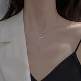 心草s999足银几何方块项链女轻奢时尚一字流苏长款520情人节礼物 白金色