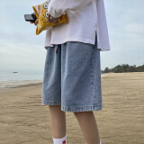 BAOMINGLI牛仔短裤男夏季潮流ins中性沙滩五分裤子男宽松外穿马裤休闲中裤 浅蓝色 S