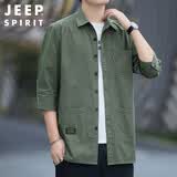 JEEP SPIRIT吉普衬衫男夏季衬衣男士外套休闲七分袖男装短袖衬衫 军绿色 L 