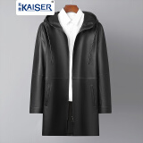 凯撒（KAISER）进口意大利头层牛皮皮衣男风衣外套中长款连帽秋冬中青年单皮 黑色 50/XL