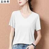 苏洛寻2025春夏季新款冰丝短袖T恤纯色女薄款潮V领体恤韩版宽松上衣 白色 均码 建议80-125斤