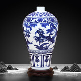 景德镇陶瓷器仿元青花鬼谷子下山罐工艺品客厅摆件家居酒柜玄关书房博古架办公室茶室装饰品瓷瓶艺术品摆设 高白仿元青花萧何月下追韩信梅瓶（配旋转底座+证书）