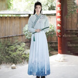 臻一萌汉服成人男晋制交领齐腰襦裙古装书生刺绣印花国风斗篷套装表演服 蓝色归园 XL